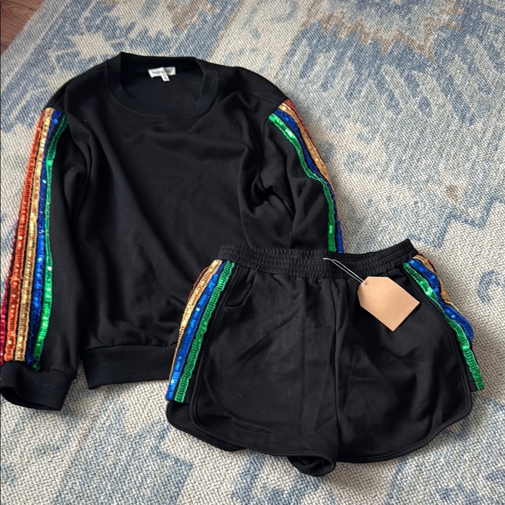 Black Sequin Stripe Sweatshirt and Shorts Set
